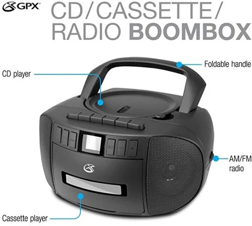 GPX BCA209B Stereo Boombox With CD Player, Cassette Recorder, AM/FM Radio AC/DC - Includes AC Cable (Black) (Bluetooth)